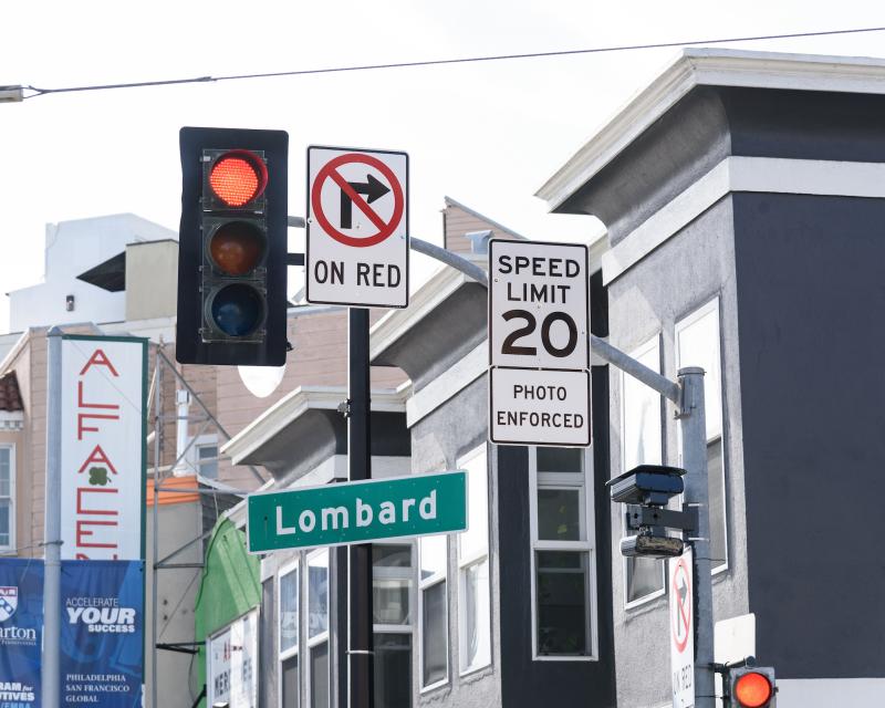A photo of an automated speed enforcement camera near Columbus Avenue and Lombard Street in San Francisco.