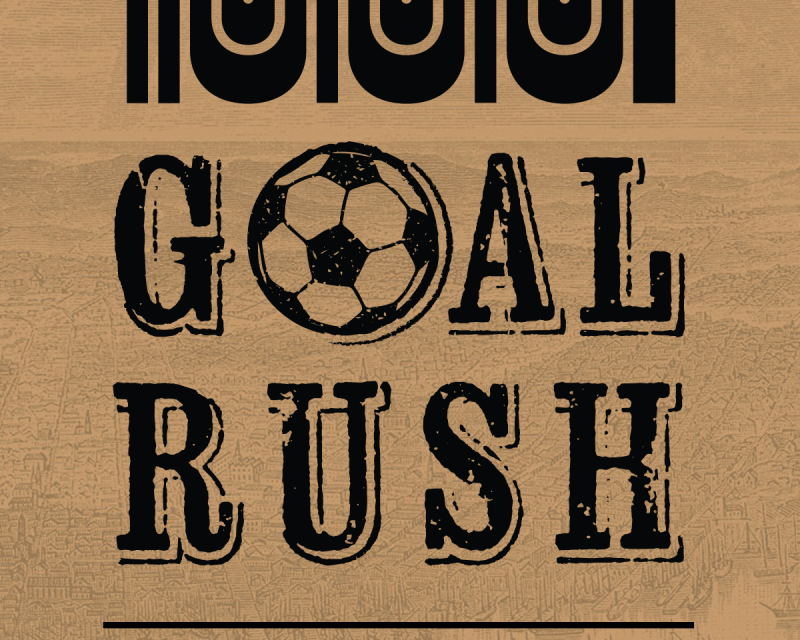 Muni Goal Rush Logo with old timey illustration behind includes Muni "worm" logo and San Francisco Chamber of Commerce logo