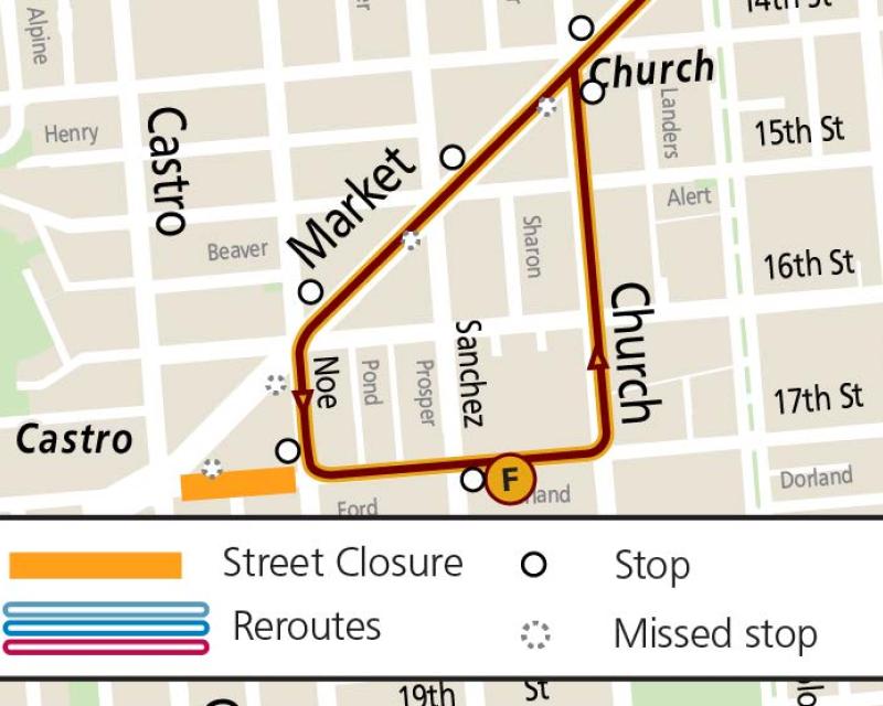 Map showing F Line service changes during Harvey Milk Day event