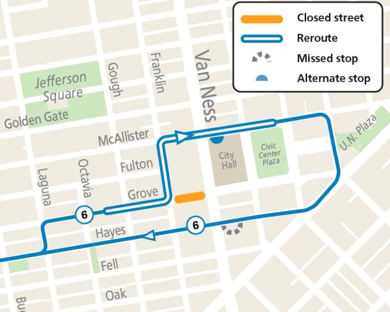 Map of Muni service changes on Friday, June 5 for an SF Symphony event.