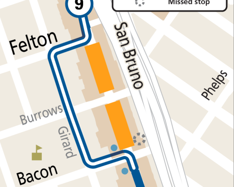 Map of street closure and Muni reroutes during Dim Sum & Cars event on San Bruno Ave.