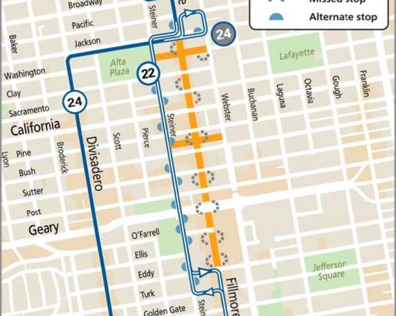Map showing street closures, event area, and Muni reroutes during the Fillmore Jazz Festival