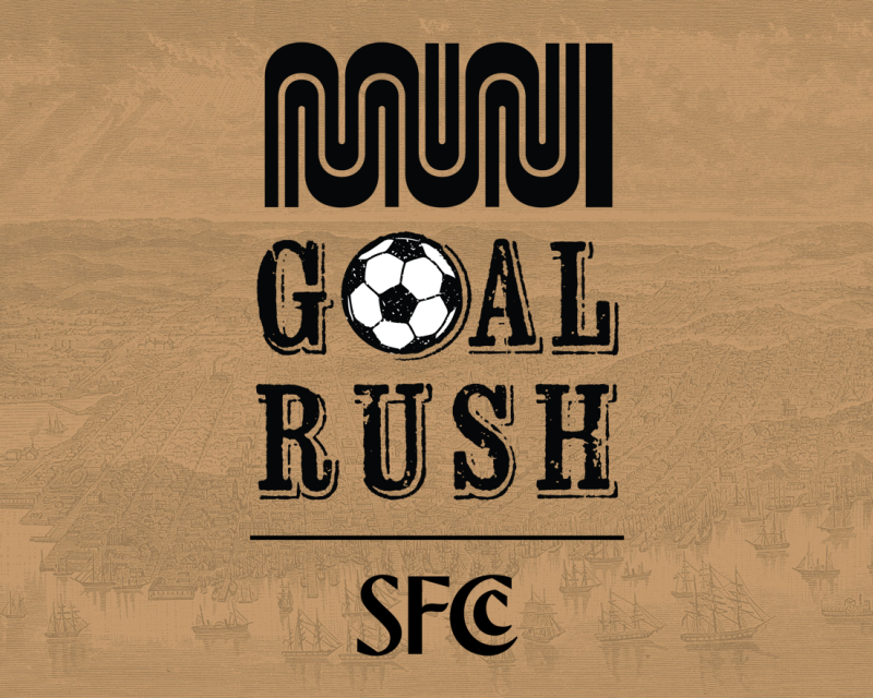 Muni Goal Rush logo with a background in brown featuring a historic illustration of the City