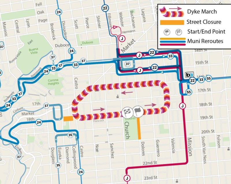 Map showing Muni reroutes during the annual Dyke March in the Dolores Park and Castro areas.