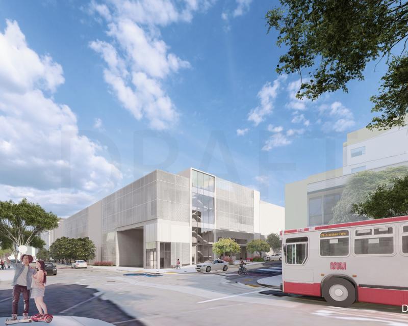 rendering of a bus approaching a large multi-use urban structure