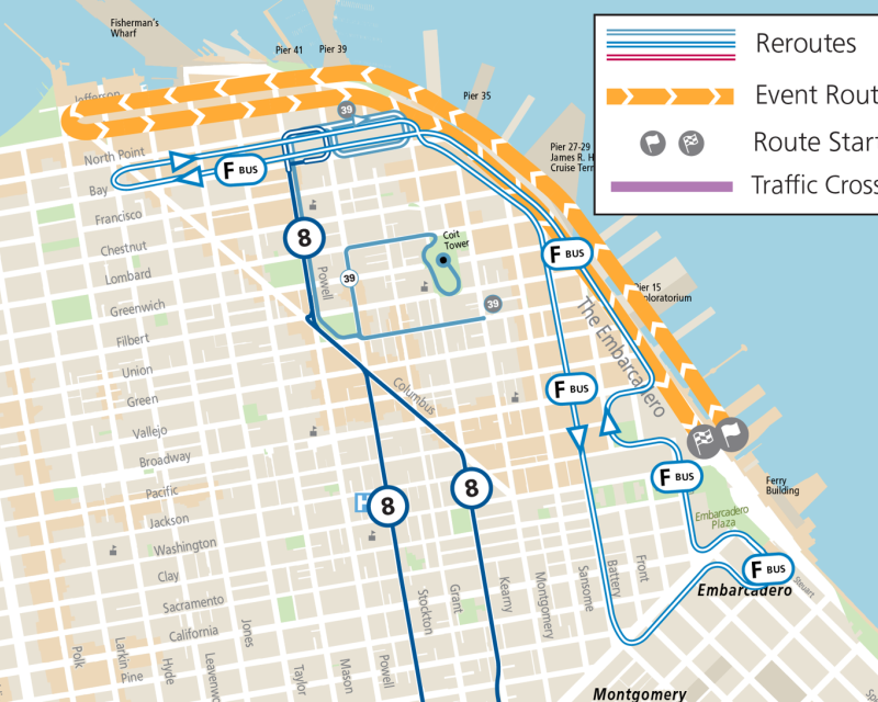 Map showing race route, street closures, and Muni service changes during SF Marathon Family Run 5K