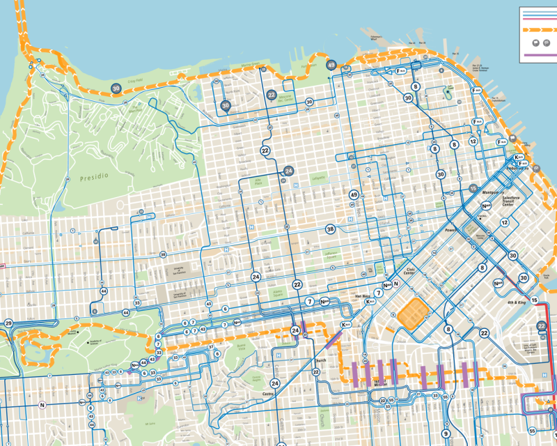 Map of SF Marathon route, street closures, and Muni service changes across the city