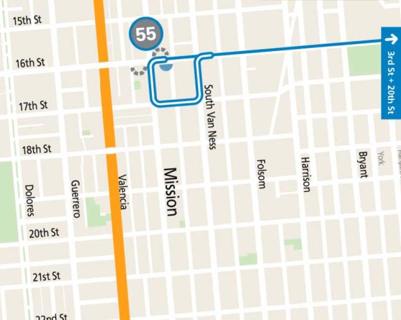 Map showing Valenica Street closure and Muni's 55 Dogpatch Route reroute during Sunday Streets