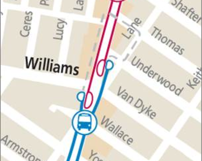 Map showing 3rd & Williams transfer point between T Third trains and T Third bus shuttles