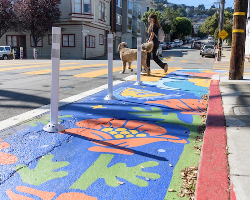 Painted corner on Sanchez Street with pedestrian and dog in crosswalk