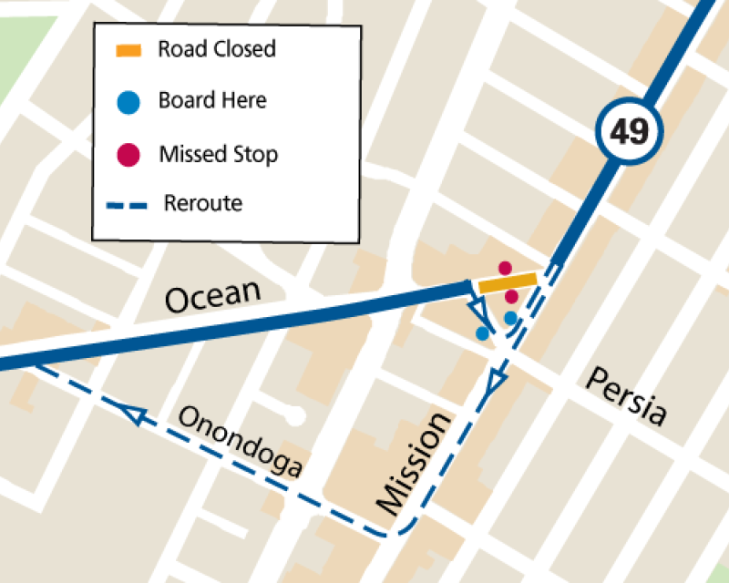 Map of the 49 Van Ness/Mission reroute during the From The E night market event on Ocean Avenue