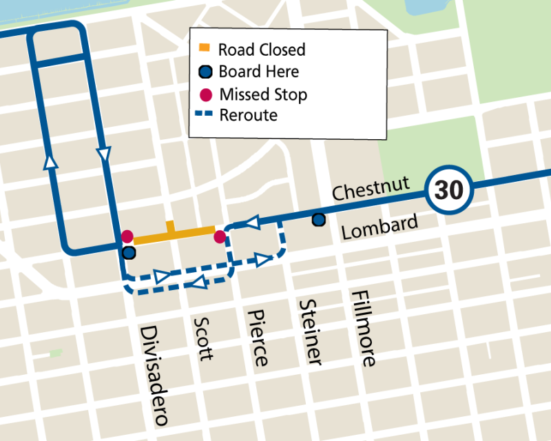 Map showing street closures and the 30 Stockton reroute during the Guardsmen Marina Block Party
