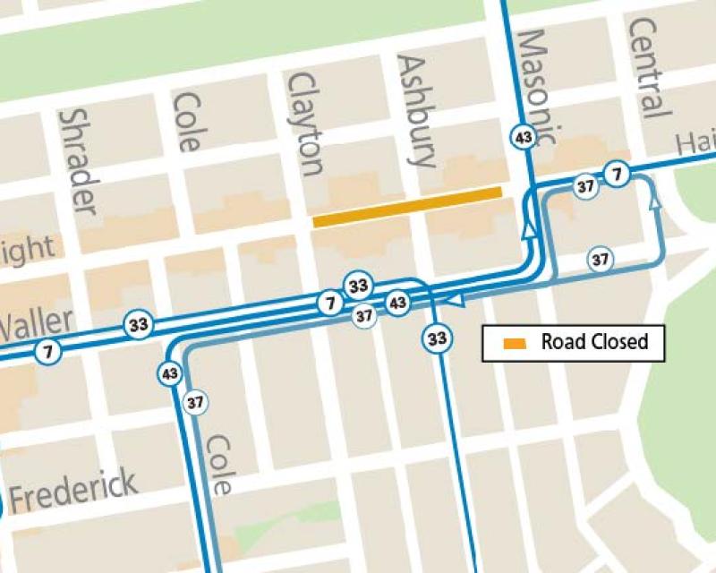 Map of street closures and Muni service changes during the Mad Dog in the Fog outdoor event on Thursday, August 27