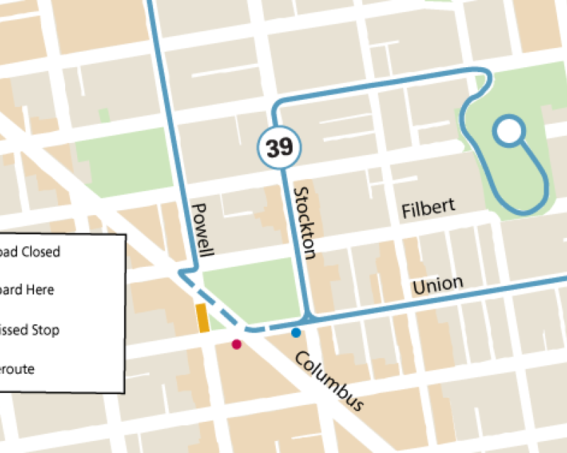 Map of the outbound 39 Coit reroute during the Oyster Day Festival