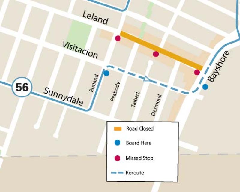 Map of street closures and Muni service reroutes during Visitacion Valley Night Market event