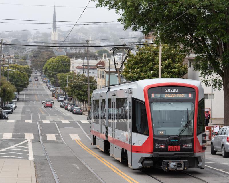 J Church train travels on Church Street in Noe Valley.