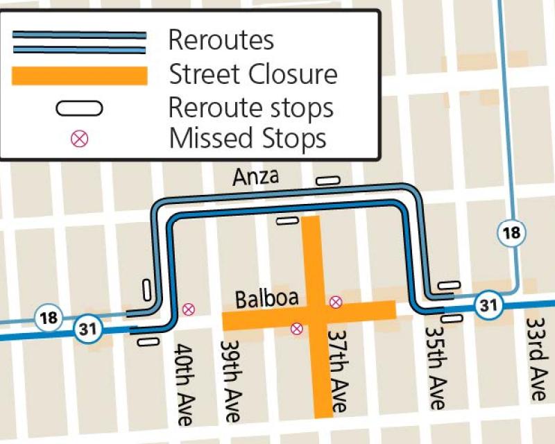 Map showing street closures and Muni service changes for the Art Walk/Far Out Fest on Balboa Street