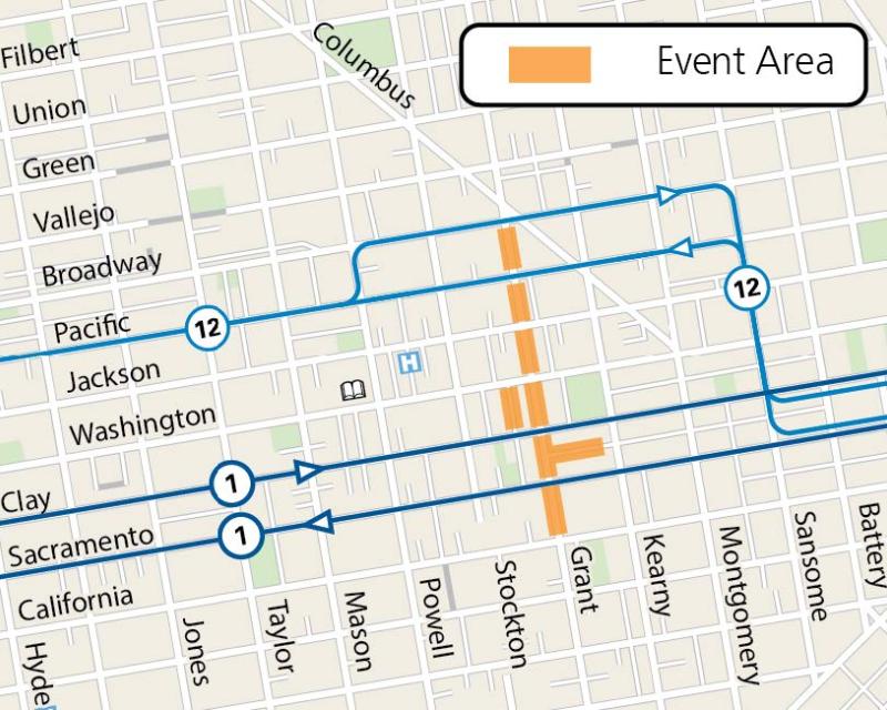 Map of street closures and Muni service in the area of the Chinatown Autumn Mood Festival