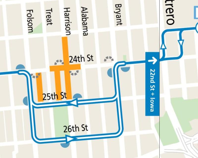 Map showing street closures and the planned reroute of the 48 Quintara/24th St. bus route during the Fiesta de las Americas event in The Mission