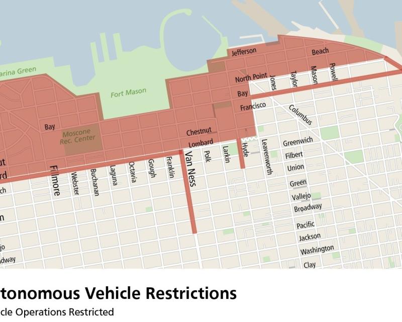 Map showing the geofence locations/boundaries for autonomous vehicles during Fleet Week.