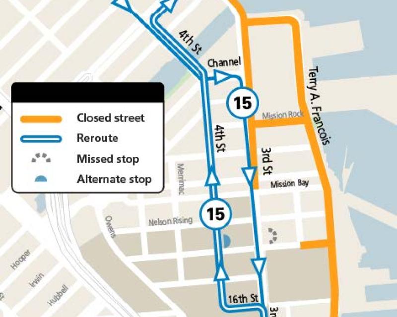 Map showing street closures and the planned reroute of the 15 Bayview Hunters Point Express Route during the JP Morgan Chase Corporate Challenge event in the Mission Bay area