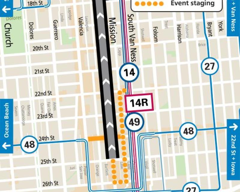 Map showing Mission Street closure, lowrider cruise route, and Muni service changes during King of the Streets event.