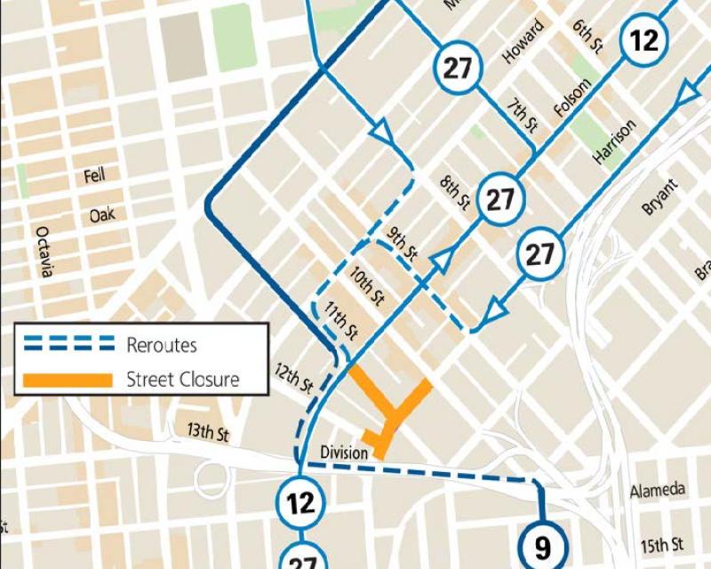 Map showing street closures and Muni service changes during the Bearrison Street Fair