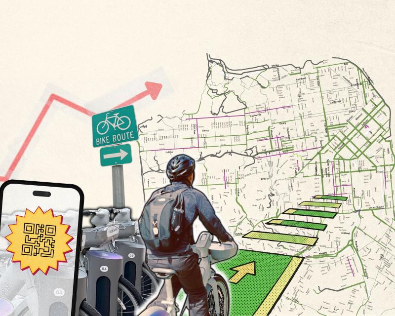 A photo illustration of bicycles, a person riding a bike, a street sign and a city map..