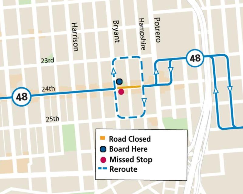 Map showing the street closure and associated reroute of the 48 Quintara/24th St. Route during the Brava Block Party.