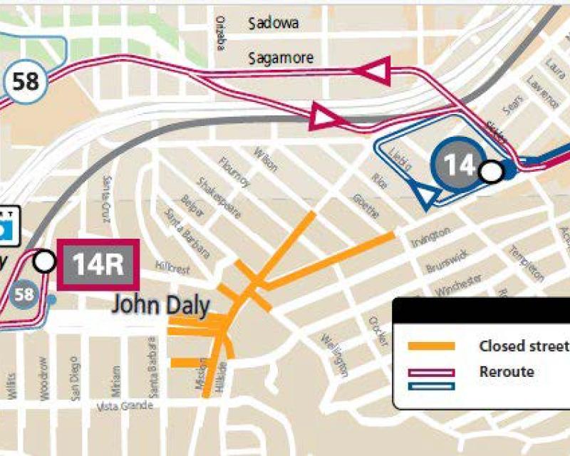 Map showing Muni reroutes of the 14, 14R, and 58 routes during the Daly City Street Festival.