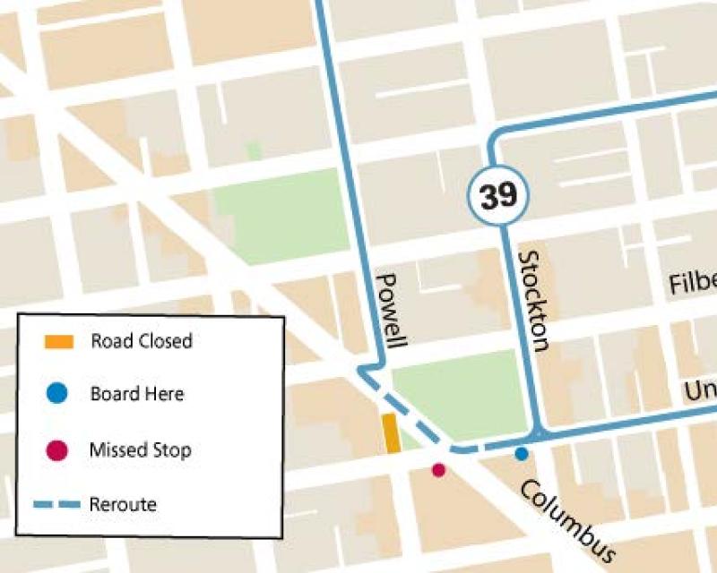 Map showing street closure, Muni service change for the 39 Coit Route, and missed stop during the Lillie Coit's grand opening event