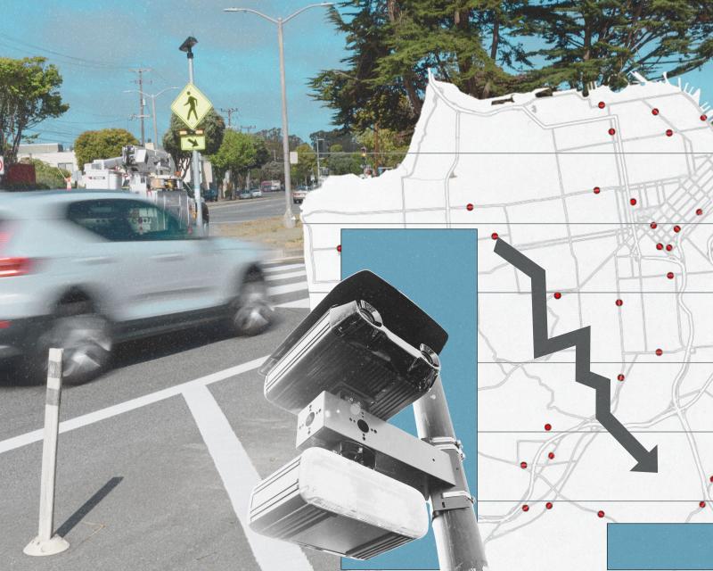 A photo illustration of a car, a map of San Francisco’s Automated Speed Enforcement Camera network and a bar graph.