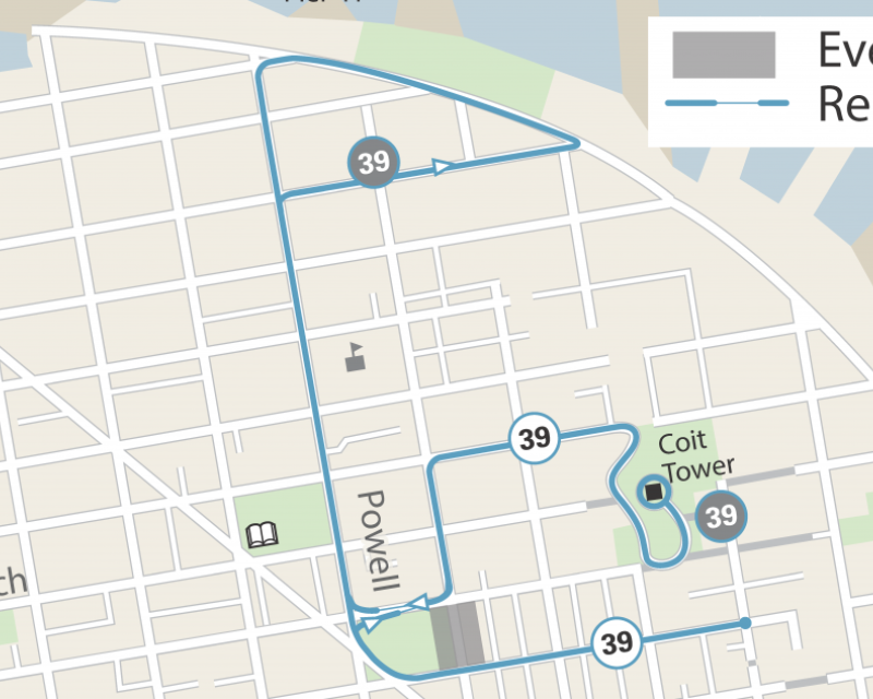 Map of street closure and Muni reroutes for the 39 Coit for Festa Coloniale Italiana