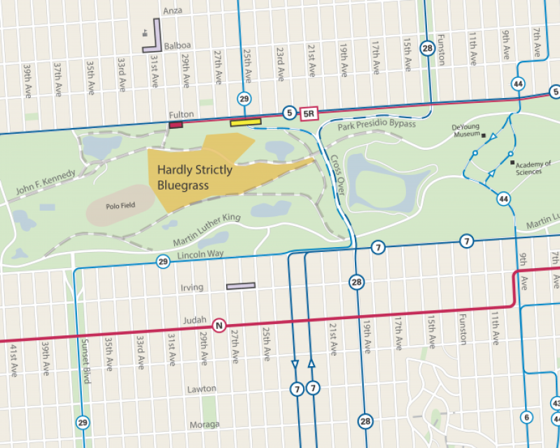 Map of street closures, extra Muni service, taxi zones and other passenger loading zones for Hardly Strictly Bluegrass 2018