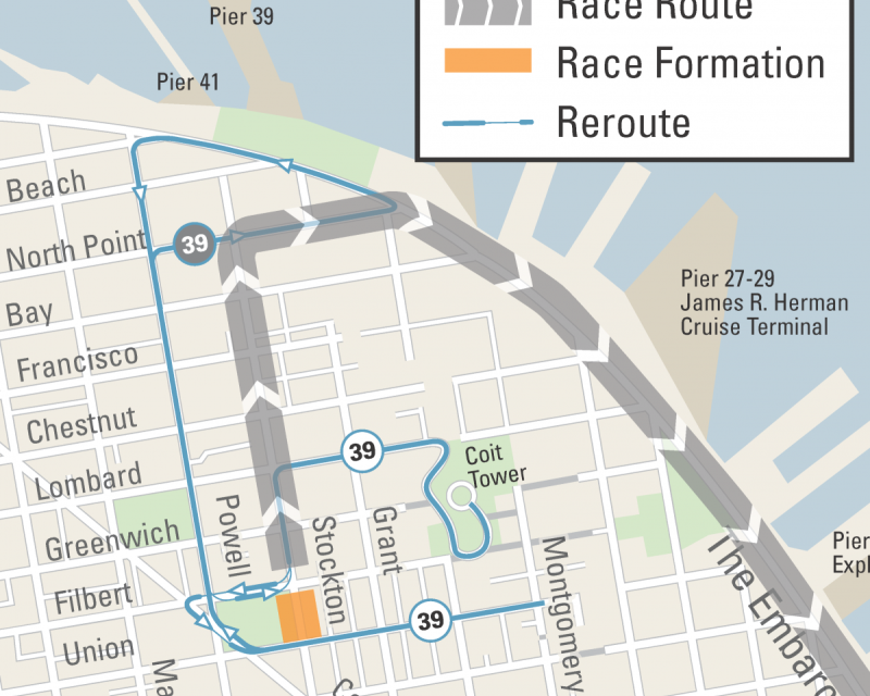 Map of race formation area, route, and Muni reroutes. Formation on Stockton between Union and Filbert. Race continues north on Stockton, east on North Point, south on Embarcadero.