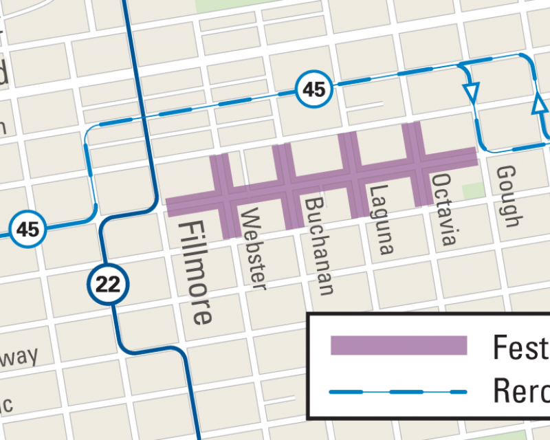 Map of street closures and Muni reroute for Union Street Festival