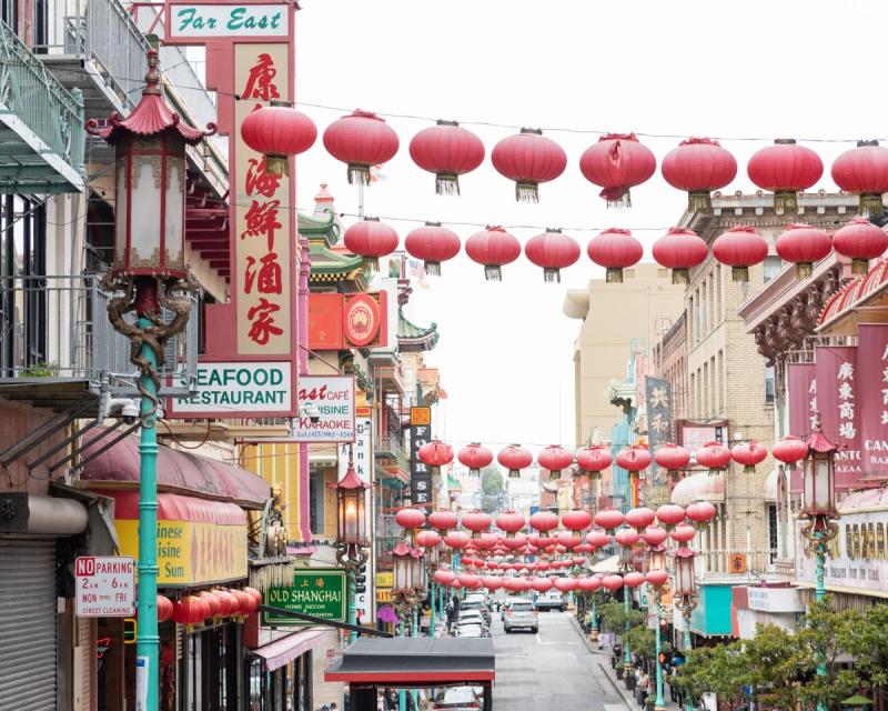Image of Grant Avenue in Chinatown with red lanterns strung across the street from building face to building face.