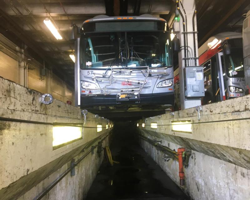 A low-angle view of one of the trenches used to work on the undercarriages of the trolley buses at Potrero Yard. Fall, 2021. 