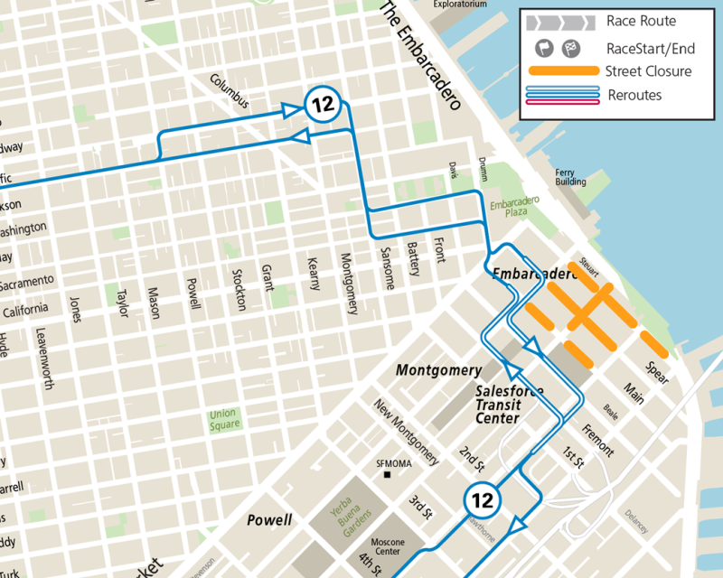 Event service reroute map for the 12 Folsom/Pacific during Bay to Breakers set-up on Saturday, May 18, 2024