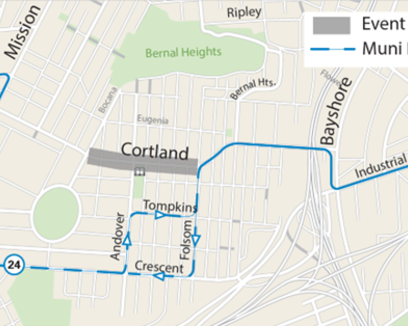 Service Map showing the planned 24 Divisadero reroute around the Fiesta on the Hill event on Sept. 10, 2023