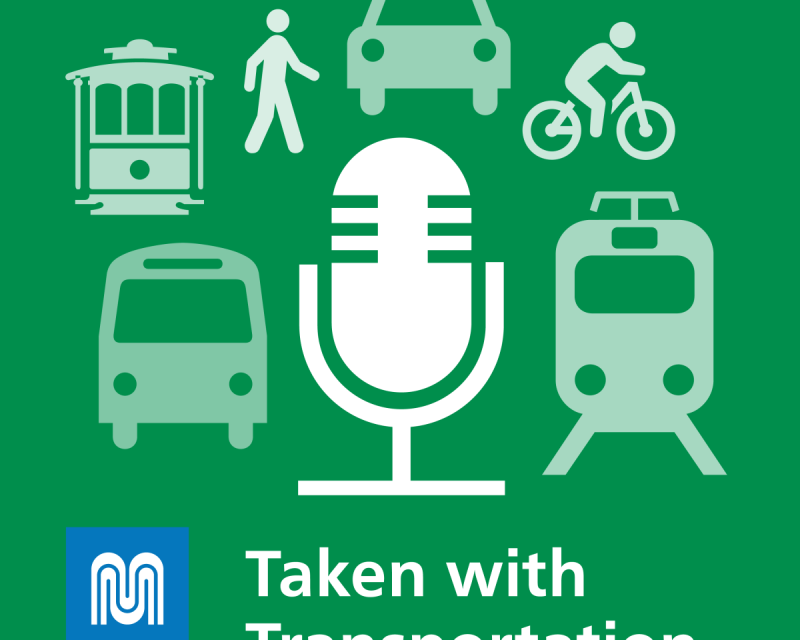 Microphone, vehicle and walker illustrations against a green background with SFMTA logo.