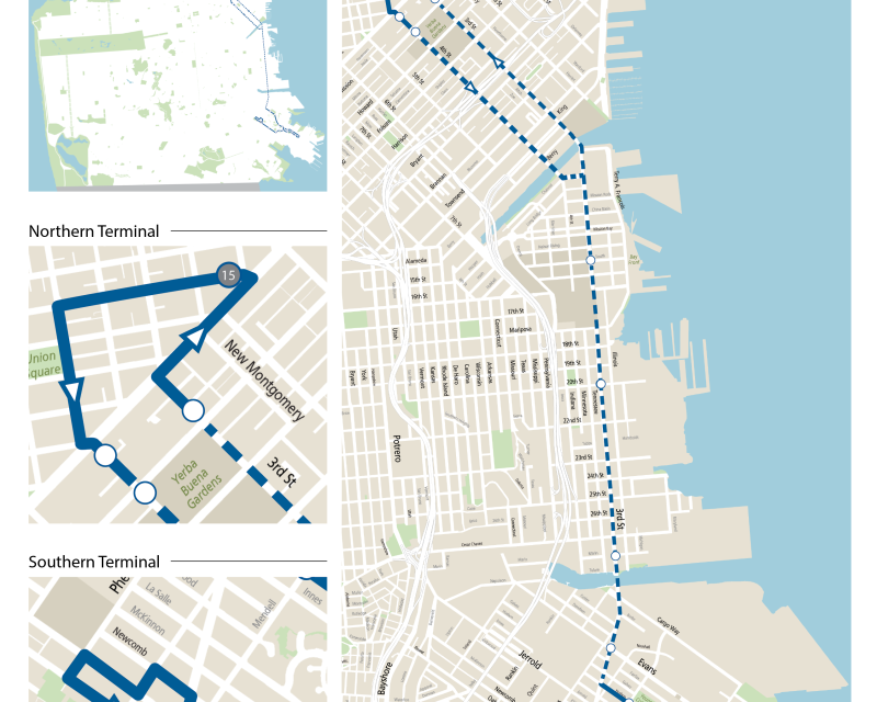 Image of route map with citywide view, full route view, and detailed map of terminals.