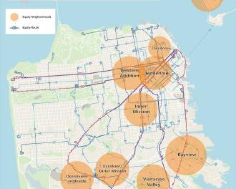 Graphic shows neighborhoods focused on in Equity Strategy: Treasure Island, Chinatown, Tenderloin/SoMa, Western Addition, Inner 