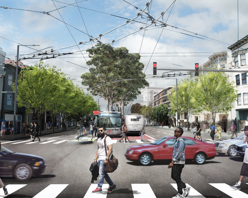 Rendering of Van Ness Avenue at Union Street after construction of the Van Ness Improvement Project is complete.