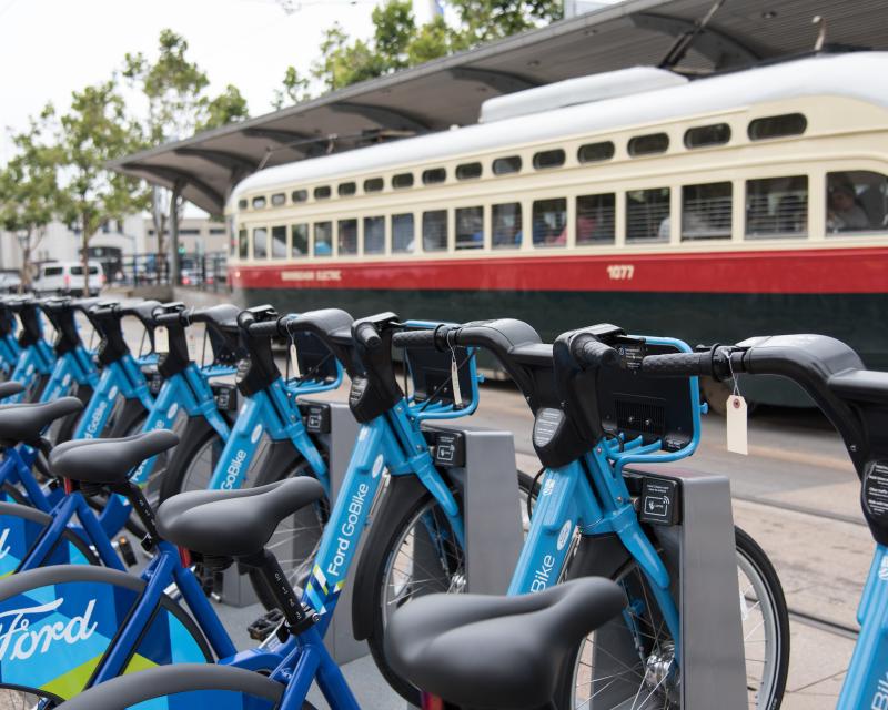 Bike share pod next to F Line train