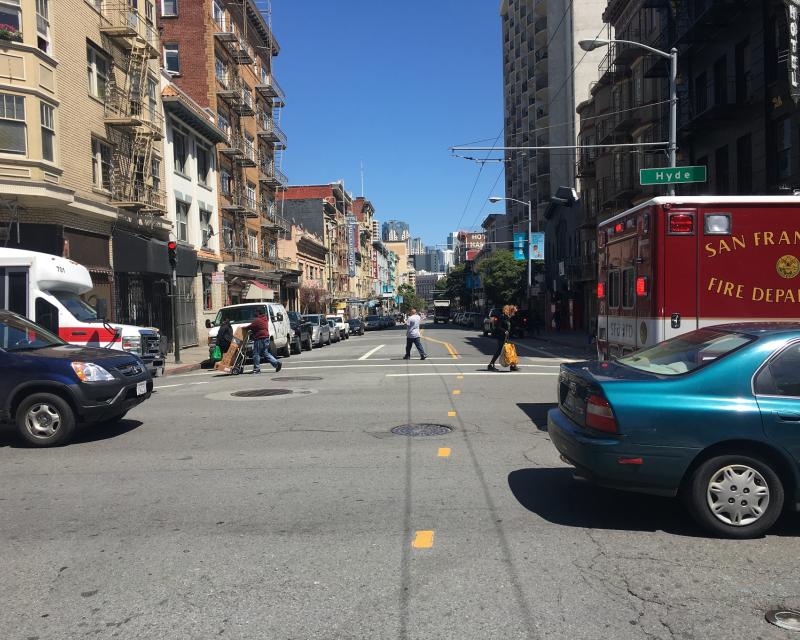 Eddy Street at Hyde after one-way to two-way street conversion