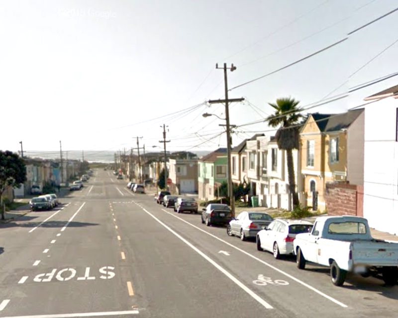 Image of bicycle lanes on Ortega Street in the Sunset that are similar to the planned bike lanes on Vicente Street
