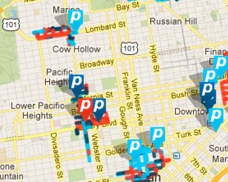 a map of downtown San Francisco, showing real-time parking data from SFpark