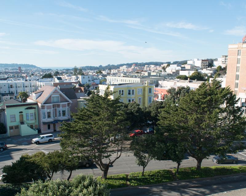 overhead view lloking west on masonic and geary towards presidio heights neighborhood and richmond