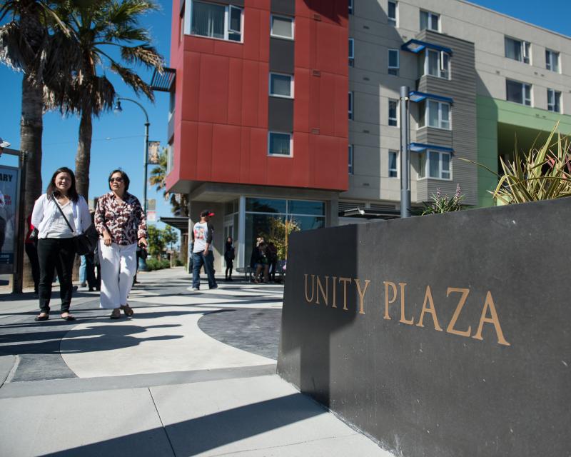 street scene on ocean avenue at unity plaza with people walking